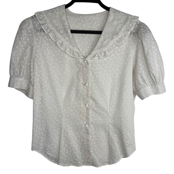 VTG Prairie Cottagecore Doll Collar White Puff Sleeve Blouse Floral Pattern SzM - Picture 1 of 7